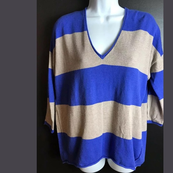 J.Crew WALLACE Winter Break Sweater Striped V-neck Knit Periwinkle Blue Tan - Picture 2 of 10